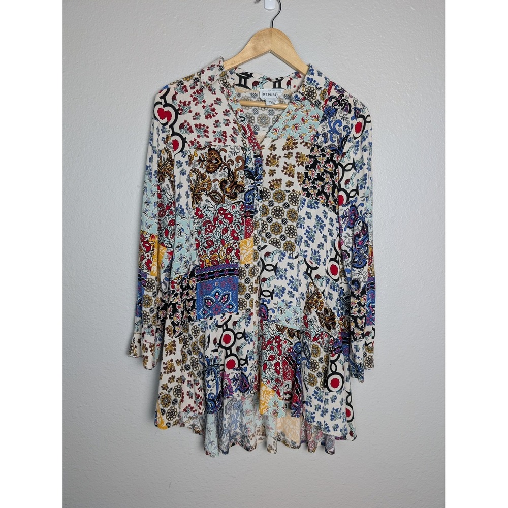 FOR THE REPUBLIC Tunic Blouse Womens M Multicolor Collared Long Sleeve Rayon